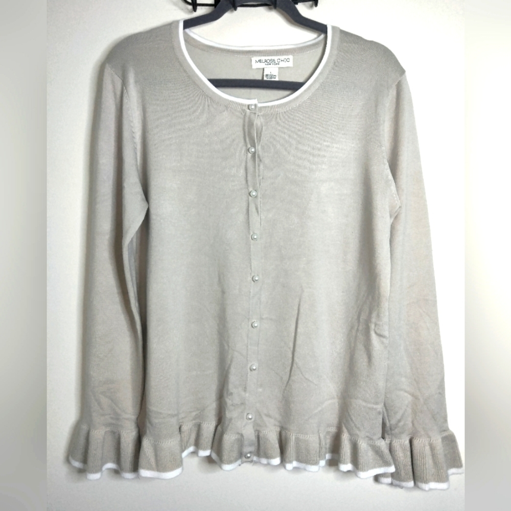 Melrose Chic (Size L) Oatmeal Mother of Pearl Button Ruffle Trim Knit Cardigan